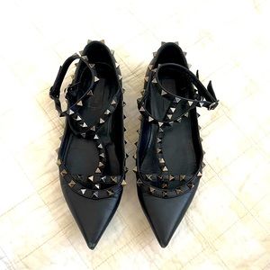VALENTINO Black Leather Rockstud Caged Ballet Flats Size 38 1/2 Made in Italy
